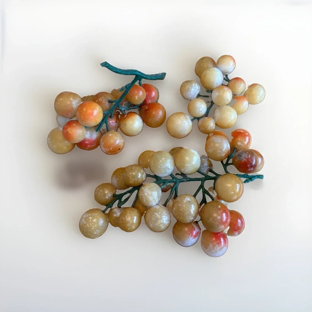 Vintage Alabaster Stone Fruit Grapes 3 Cluster Orange Yellow Plastic Stem *READ